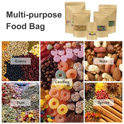 SumDirect Kraft Food Bags with Window - Resealable Kraft Stand Up Pouches, 50Pack 4.7x7.8inches Zipper Food Storage Bags for Packaging - size: 4.7x7.8inch