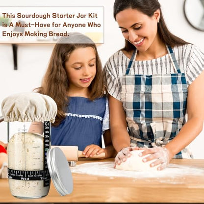 Sourdough Bread Baking Supplies,24 oz Sourdough Starter Jar Glass, Sourdough Starter Kit with Date Marked Feeding Band, Thermometer, Silicone Scraper, Sewn Cloth Cover & Aluminum Lid, Sourdough Jar - size: 24oz-1pcs