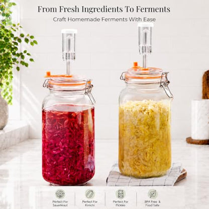 2L Fermentation Jar, Wide Mouth Glass Fermenting Kit wit Airlocks, 2-Pack | Fermentation Glass Jars With Self-Burping Airlocks for Sauerkraut, Kimchi, Pickles, Mead, Cider and Other Homemade Ferments