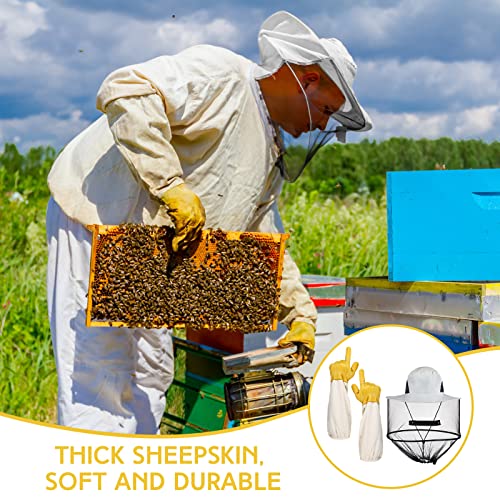 Xuhal Bee Keeping Hats and Gloves Includes Thick Goatskin Leather Bee Gloves with Ventilated Sleeves and Bee Keeper Fencing Veil Mosquito Hats Sun Hat with Hidden Net Mesh Mask