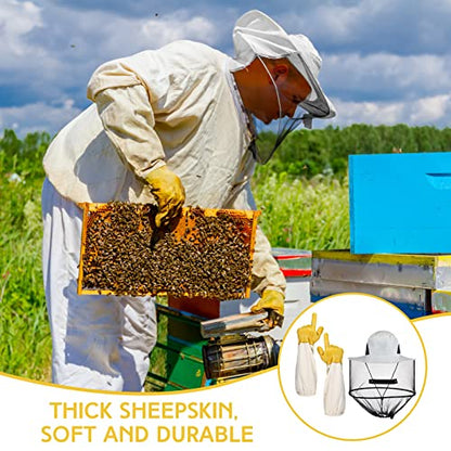 Xuhal Bee Keeping Hats and Gloves Includes Thick Goatskin Leather Bee Gloves with Ventilated Sleeves and Bee Keeper Fencing Veil Mosquito Hats Sun Hat with Hidden Net Mesh Mask