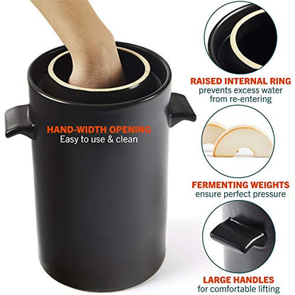HomeBuddy Fermentation Crock (1 Gallon) with Weights, Acacia Wood Pounder and Recipie Book - Sauerkraut Fermentation Kit, Onggi Kimchi Jar, Fermenting Crock for Pickling or Sourdough - color: Black