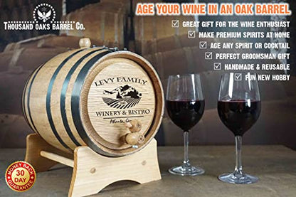 Personalized 1 Liter Oak Aging Barrel with Stand, Bung, and Spigot - Age Wine, Cocktails, Bourbon, Whiskey, Beer and More! Laser Engraved Bistro Design (B314) - size: 1 Liter