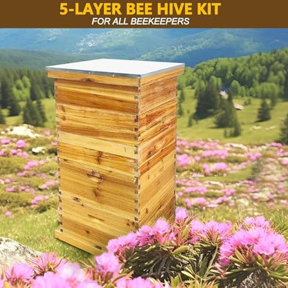 5-Layer Bee Hive, Beehive Kit Langstroth Bee Hive Coated with 100% Beeswax Includes 2 Deep Bee Boxes, 3 Medium Bee Hive, NO Frame