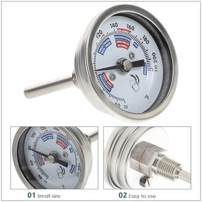 Levemolo Professional Stainless Steel Wine Thermometer 2-inch Dial with Threaded Stem Corrosion-Resistant Brewing Temperature Monitor for Personal Kettles and Wine Barrels