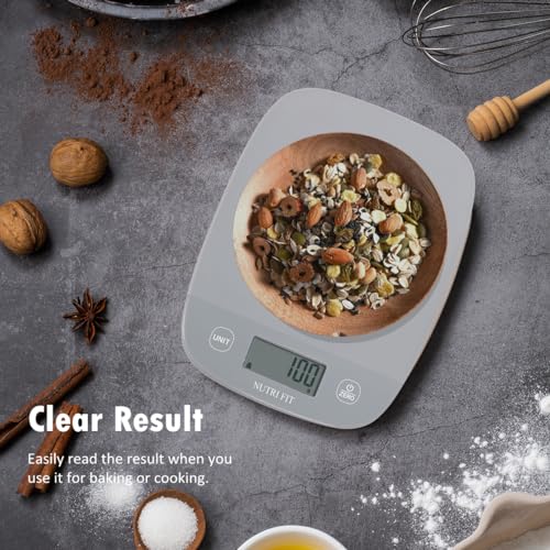 NUTRI FIT Food Scale Kitchen Scales Digital Weight Grams and Ounces for Baking Cooking, Weighing Scale Portion Control, Max 11lb 1g Increment 6 Units Smart Tare Hanging Storage, Gray - color: Cool Gray