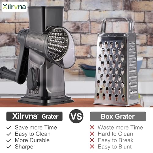 Rotary Cheese Grater with Handle Kitchen Shredder Slicer Grater Slicer Ice Shaver Cheese Vegetable Nuts Potato Zucchini Chocolate 3 Interchangeable Blades (Dark Grey TSP) - color: Dark Gray