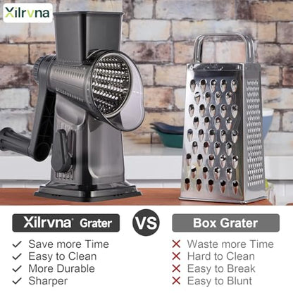 Rotary Cheese Grater with Handle Kitchen Shredder Slicer Grater Slicer Ice Shaver Cheese Vegetable Nuts Potato Zucchini Chocolate 3 Interchangeable Blades (Dark Grey TSP) - color: Dark Gray