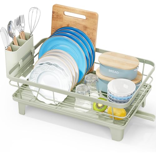 Urackify Dish Drying Rack for Kitchen Counter, Sink Dish Rack with Drainboard, Large Dish Drainer with Cups Holder, Home Countertop Plate Dryer Storage Rack with Cutlery Holder, Soft Celery Green - color: Soft Celery Green