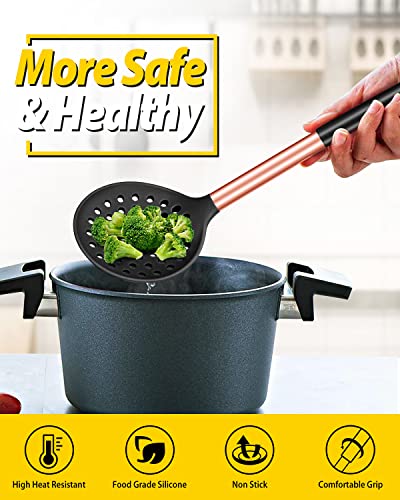 Kitchen Ladle Strainer Set of 2 Large Slotted Spoon with High Heat Resistant BPA Free Non Stick Cooking Skimmers For Draining and Frying - color: Rose Gold Black and Khaki