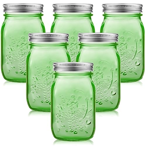 Yinder 6 Pack 32 oz Mason Jars with Lids Bulk, Durable Wide Mouth Vintage Color Glass Canning Jars for Storage Canning Fermenting Pickling DIY Crafts & Decor, Dishwasher Not Allowed(Green) - color: Green