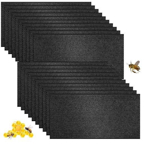 20 Pcs Beehive Waxed Coated Foundation Wax for Bee Frames Plastic Portable Honeycomb Sheet Beeswax Coated Foundation Sheet Beehive Equipment Fit Deep Frame (Black) - color: Black