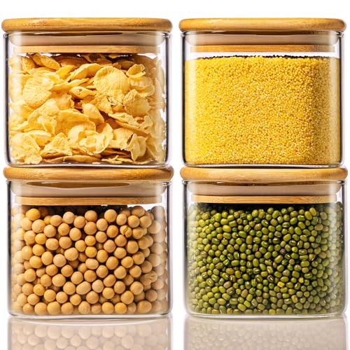 21oz - 4 Pack Square Glass Jars with Bamboo Lids, Glass Food Storage Containers with Airtight Lids, Air Tight Pantry Storage Containers for Coffee, Sugar, Spice, Meal Prep Jars for Salad & Fruit - color: 21oz 4 Pack