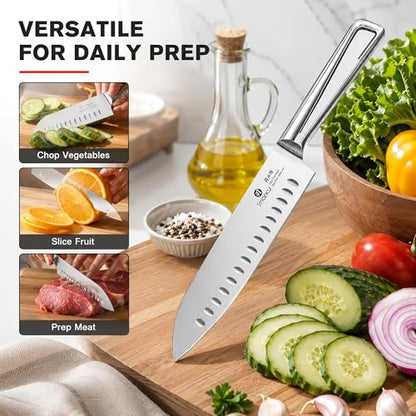 imarku Chef Knife Ultra Sharp Santoku Knife 7 Inch, High Carbon Stainless Steel Japanese Kitchen Knife with Hollow Edge | Seamless Ergonomic Handle, Gift Box for Meat/Vegetables/Tomatoes & Daily Prep - color: Brushed Silver