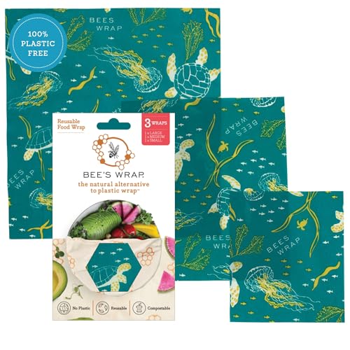 Bee's Wrap Beeswax Wraps for Food - 3 Pack of Assorted Beeswax Wraps - Small, Medium & Large Wrap - Plastic Free Made in USA Reusable Natural Food Wrap - Ocean Print - style: 3 Pack (Ocean)