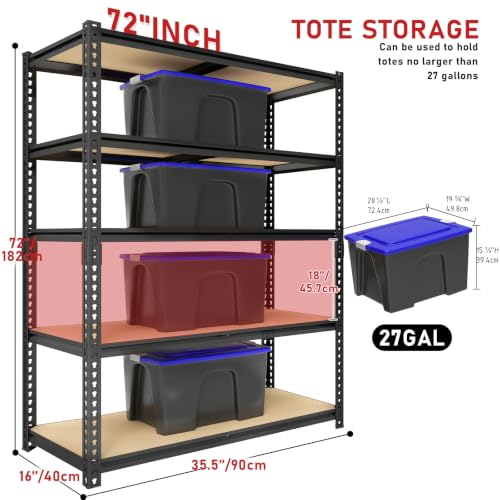 72" H Heavy Duty Garage Shelving, 2400LBS Capacity 5-Tier Storage Shelves,Adjustable Industrial Metal Garage Shelves for Basement Pantry Kitchen Warehouse, 16" D x 36" Wx72 H,Black - size: 16"D x 35.5"W x 72"H