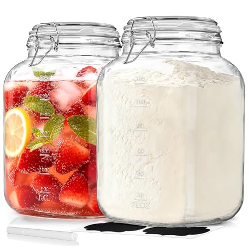 1 Gallon Wide Mouth Glass Jars with Airtight Lids, Large Glass Storage Containers with Lids, 4200 ML Mason Jars with 2 Scales - Canning Jars with Large Capacity, Canister for Pet Food, 2 Pack