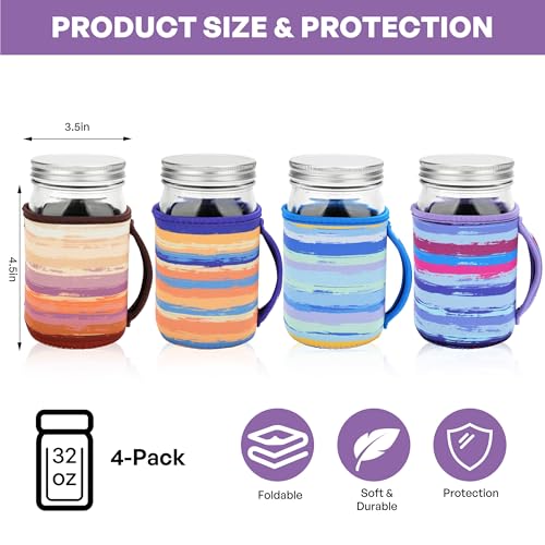 KJQJLY 4 Pcs Mason Jars Sleeves Neoprene 32oz Regular and Wide Mouth Mason Jar Sleeves Holder with Handle (rainbow, 32 OZ) - color: rainbow, size: 32 OZ
