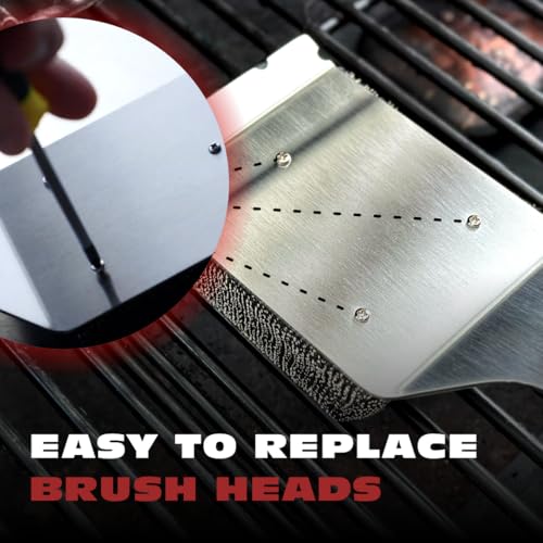 Bristle Free Grill Brush Cleaner and Scraper for Barbecue, Replaceable Head | Bristle-Free Grill Brush with Replaceable Head & Acacia Wood Handle. Heavy-Duty Scraper, No-Scratch BBQ Grate Cleaning. - color: Wood