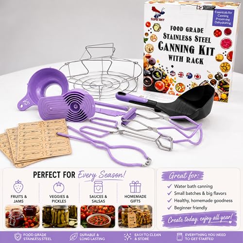 Supa Ant Canning Supplies Starter Kit- Canner Accessories with Canning Rack for Jars, XL Ladle,Wide Mouth Jar Funnel,Jar Lifter and Wrench,Bubble Popper/Measurer,Lid Lifter,Kitchen Tongs (Lavender) - color: Lavender