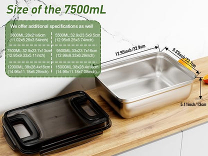 Extra Large Stainless Steel Food Container with Airtight Lid, 250 OZ Giant Metal Storage Box, Heavy Duty 304 Meal Prep Pan for Marinating Meat, Turkey, kimchi. - size: 7500ML/250OZ