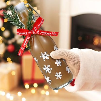 Sieral 12 Pack Christmas Snowflake Swing Top Glass Bottle 8oz Clear Flip Top Beer Brewing Bottles with Ribbon and Artificial Branches for Liquids Wine Xmas Gifts - style: Snowflake