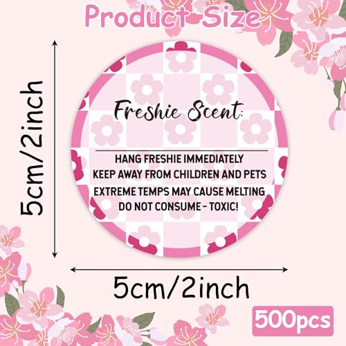 PANTIDE Freshiess Scent Care Instruction Stickers - 500 Count Car Freshie Warning Round Labels, Adhesive Roll Stickers with Line to Write Thermal Printed for Small Business (2 x 2 Inch, Pink Flower) - color: Freshiess Pink Flower
