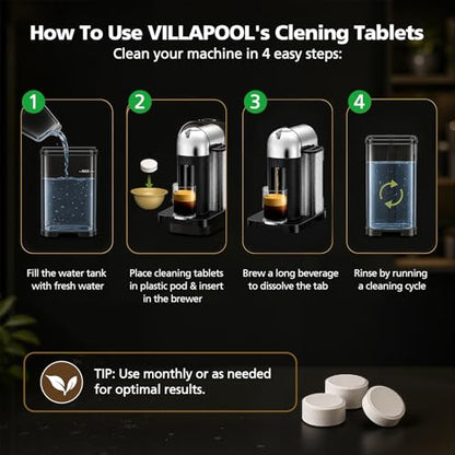 Descaling Kit Compatible with Nespresso Vertuo, 12 Month Supply-Includes 1 Bottle of Descaling Solution, 12 Cleaning Tablets & 2 Reusable Pods, Cleans Pod Area & Limescale, for Vertuoline
