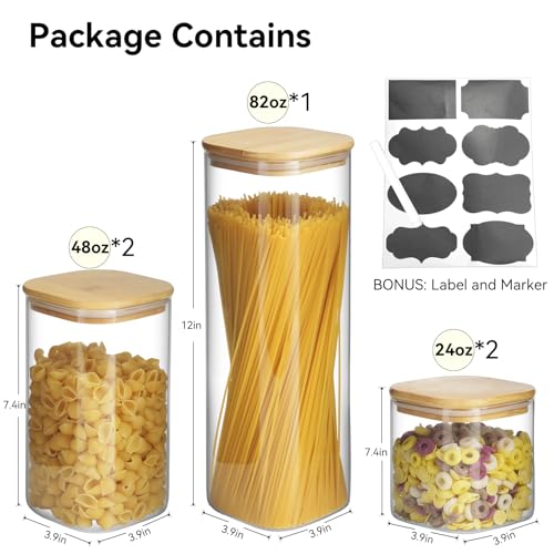 Glass Spaghetti Pasta Storage Container - 5 Pack Airtight Food Storage Jar Set with Bamboo Lid Labels - Square Kitchen Pantry Canister Organizers for Cookies Candy Coffee Bean Sugar Tea Spice Flour - size: 82oz*1/48oz*2/24oz*2