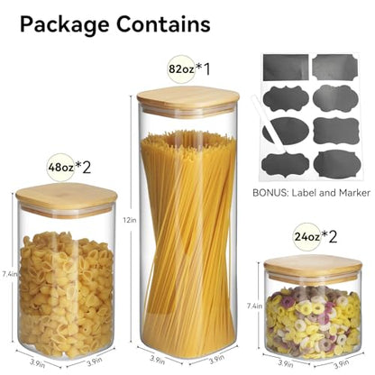 Glass Spaghetti Pasta Storage Container - 5 Pack Airtight Food Storage Jar Set with Bamboo Lid Labels - Square Kitchen Pantry Canister Organizers for Cookies Candy Coffee Bean Sugar Tea Spice Flour - size: 82oz*1/48oz*2/24oz*2