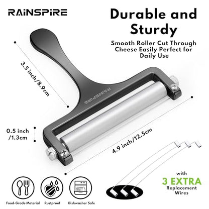 Rainspire Upgraded Cheese Slicer with Replaceable Wires Stainless Steel Cheese Slicers for Block Cheese Adjustable Cheese Cutter for Mozzarella, Cheddar, Gruyere Charcuterie Accessories, Black - color: Black