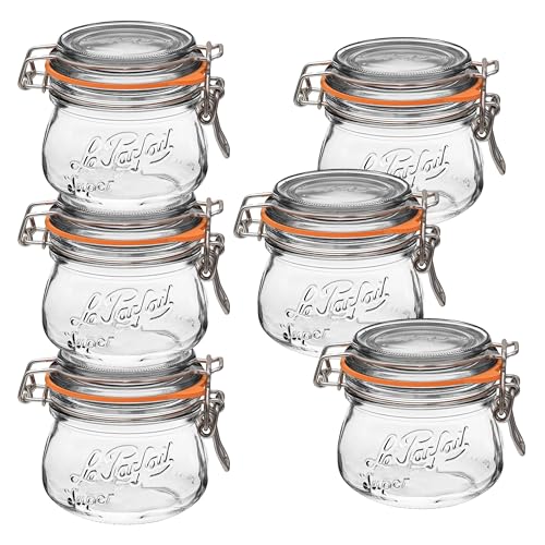 Le Parfait Super Jar 250mL (8oz) French Glass Preserving Jar w/Airtight Rubber Seal & Wire Bail Closure - BPA-Free Canning Jar for Pickles, Fruit, Sauces & Food Storage - Made in France Since 1930 6PK - color: 08oz (Set/6)