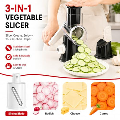 Rotary Cheese Grater with Hand Crank - Cheese Shredder with 3 Interchangeable Stainless Steel Blades, Suction Base & Ergonomic Handle | Vegetable Slicer, Food Grater for Cheese, Nuts & Chocolate