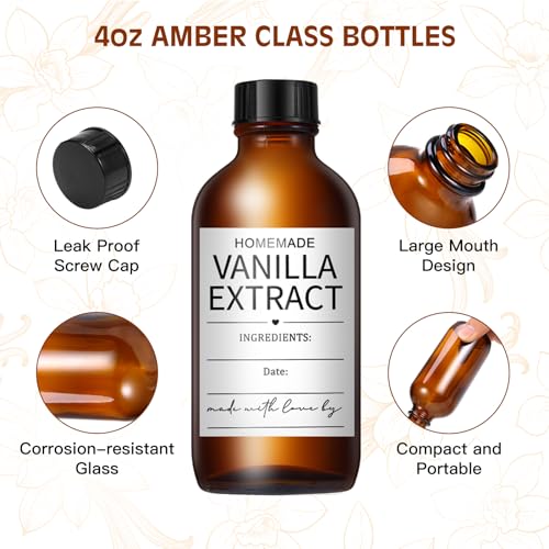 16 Pack 4 oz Amber Glass Bottle Boston Round Bottles with Black Poly Caps Brown Vanilla Extract Bottles for Essential Oil, Perfume and Liquid, Contains 16 Homemade Stickers, 4 Funnels, 1 Eyedropper