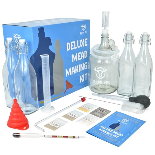 DELUXE Mead Making Kit with Storage Bottles, Hydrometer & Extra Yeast Nutrients - Honey Wine Making Kit - Mead Kit Complete - Mead Supplies for 1 Gallon of Mead – Mead Brewing Kit - color: Bue