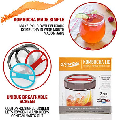Masontops Kombucha Lid - Home Brewing Mason Jar Supplies - Live Organic Kombucha Making Starter Kit - Scoby Not Included 4-Pack - size: Kombucha Lids 4PK