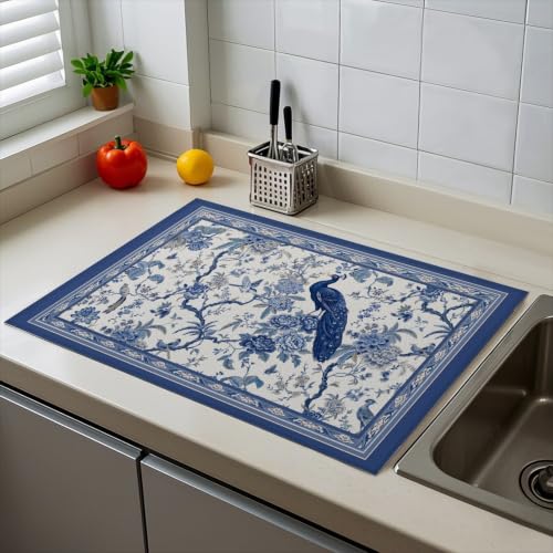 Absorbent Kitchen Dish Drying Mat Quick Dry Heat Resistant Hide Stain for Glasses Coffee Espresso Machines Pots Pans and Dish Racks,18" x 24" Chinoiserie Peacock Blue Pattern - color: Chinoiserie Peacock Blue