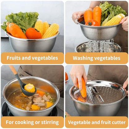 Germany Multifunctional Stainless Steel Basin, 3 in 1 Multifunctional Stainless Steel Basin Strainer Set, Kitchen Grater Set, Strainer and Drain Basket for Vegetables 11.02inch - color: 11.02inch