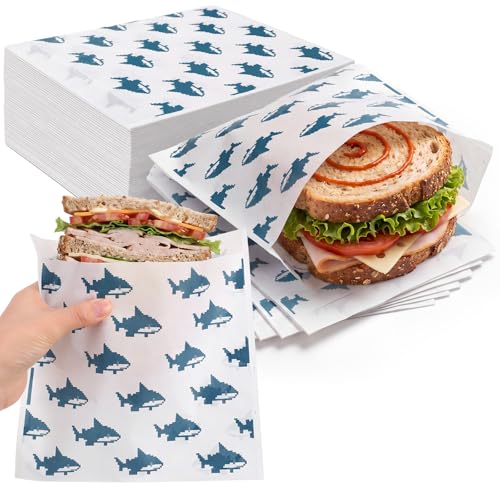 Epakh 200 Pack Paper Sandwich Bags Shark Design 8 × 8 Inch Happy Food Storage Recyclable Grease Resistant Disposable Snack Bags for Family Home Use - style: Shark