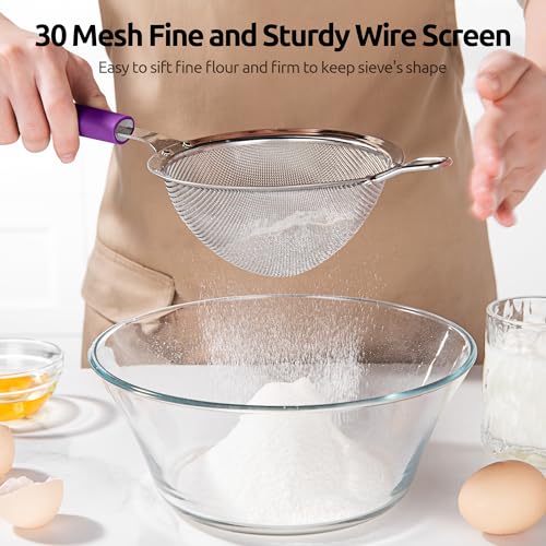 U-Taste Medium Fine Mesh Strainer: 18/8 Stainless Steel 4.73in 30 Mesh Kitchen Food Sieve with Sturdy Riveted Silicone Handle, Heavy Duty Deep Handheld Metal Colander for Rice, Quinoa, Flour (Purple) - color: (5) Purple, size: M-4.73in
