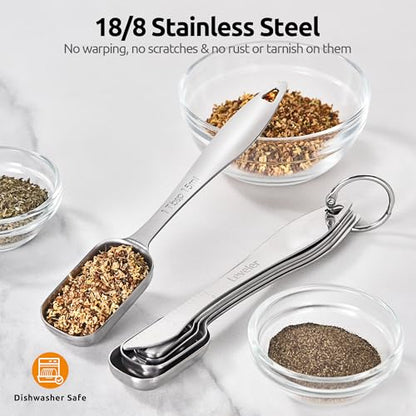 U-Taste Narrow Square Measuring Spoons: 18/8 Stainless Steel Kitchen Measure Teaspoon Tablespoon with Leveler, Polygon Rectangular Metal Jar Scoop for Baking Cooking, Coffee, Spice, Powder (Set of 8) - size: 7 Spoons+1 Leveler