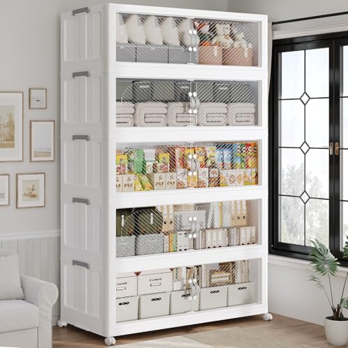 800QT Extra Large Stackable Storage Bins with Lid & Wheels & Doors, 200Gal Foldable Collapsible Closet Organizers, Plastic Cabinet Box Container Drawer for Home Kitchen Bedroom, 5Pack White - color: White, size: 160QT-5Pack