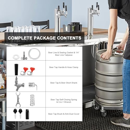 Draft Beer Line Shank Faucet Kit, Beer Keg Tap Kegerator Tower Dispenser Replacement Set with Self-Closing Spring Spanner Wrench No Leak 5.5 Feet 3/16'' Brewing Tubing 1/4'' Keg Coupler Barb - size: Faucet (Stainless Core) +Tube Kit