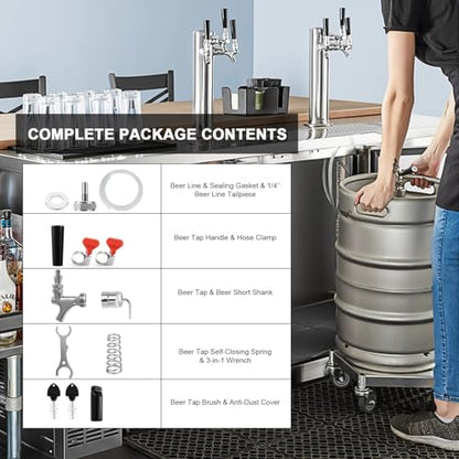 Draft Beer Line Shank Faucet Kit, Beer Keg Tap Kegerator Tower Dispenser Replacement Set with Self-Closing Spring Spanner Wrench No Leak 5.5 Feet 3/16'' Brewing Tubing 1/4'' Keg Coupler Barb - size: Faucet (Stainless Core) +Tube Kit