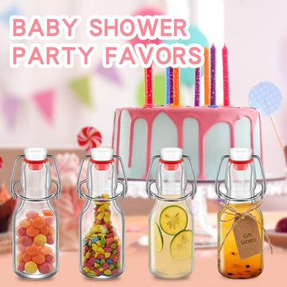 6Pcs Flip Top Glass 4 oz with Caps Beer Bottles Clear Swing Top Glass Bottles Vinegar Kombucha with Stoppers Airtight Lids for Wedding Themed Baby Shower (6, PC, Round, 4, ounces)