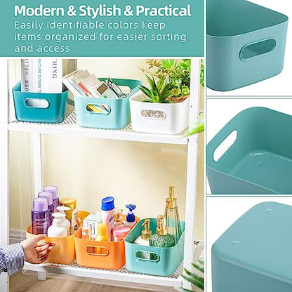 Wenqik 12 Pcs Small Plastic Storage Bins Basket with Handles Toy Organizers Pantry Basket Containers for Shelves Home Cupboard Kitchen Office Bathroom Organization Box(bright, 9.6 x 6.3 x 3.9 Inch)