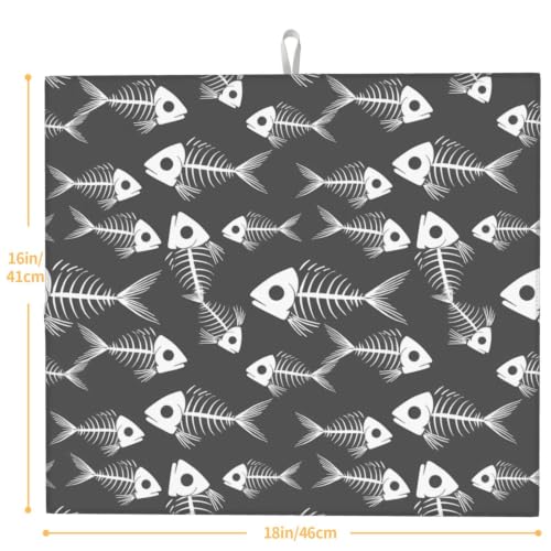 Nautical Fish Skeleton Silhouettes Dish Drying Mats for Kitchen Counter, Super Absorbent Microfiber Drainer Pad, Washable Reversible Appliance Protector, Everyday Kitchen Must-Have, 16x18 Inch - color: Nautical Fish Skeleton Silhouettes