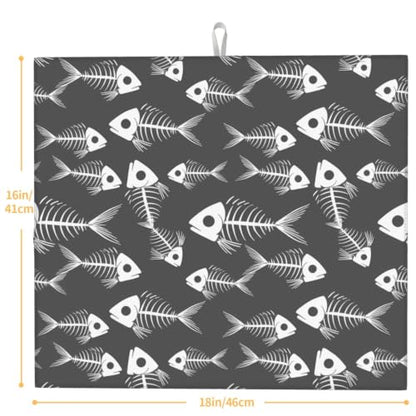 Nautical Fish Skeleton Silhouettes Dish Drying Mats for Kitchen Counter, Super Absorbent Microfiber Drainer Pad, Washable Reversible Appliance Protector, Everyday Kitchen Must-Have, 16x18 Inch - color: Nautical Fish Skeleton Silhouettes