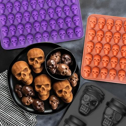 Mini Skull Molds Silicone Halloween for Candy Gummy Chocolate, 200 Cavity 4 pcs Small Head Shapes Freezing Tray Party Wax Melts DIY Moulds BPA Free Treat or Trick Kids Oven Safe - style: Mini Skull - 4PCS
