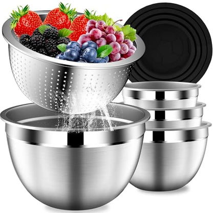 DUTZUN Mixing Bowls with Lids Set, Stainless Steel Mixing Bowls with Colander, Strainer with Mixing Bowl Set, Serving Bowl Kitchen Gift, Size 4.5, 2.5, 2, 1.5QT - Black - style: 9PCS Black